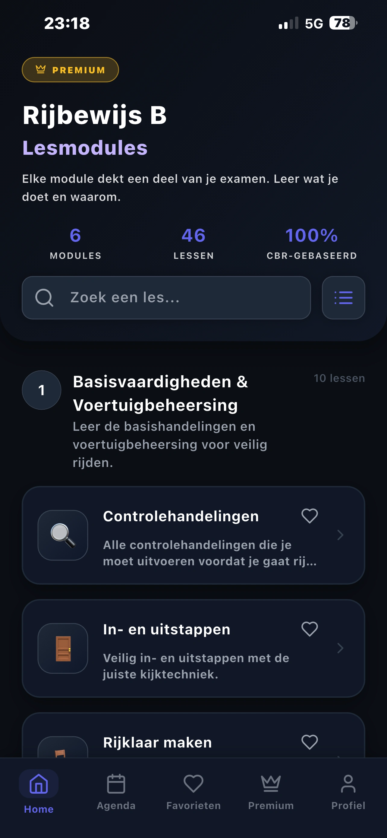 Screenshot van een praktijkles in de Rijschool Feka leerapp