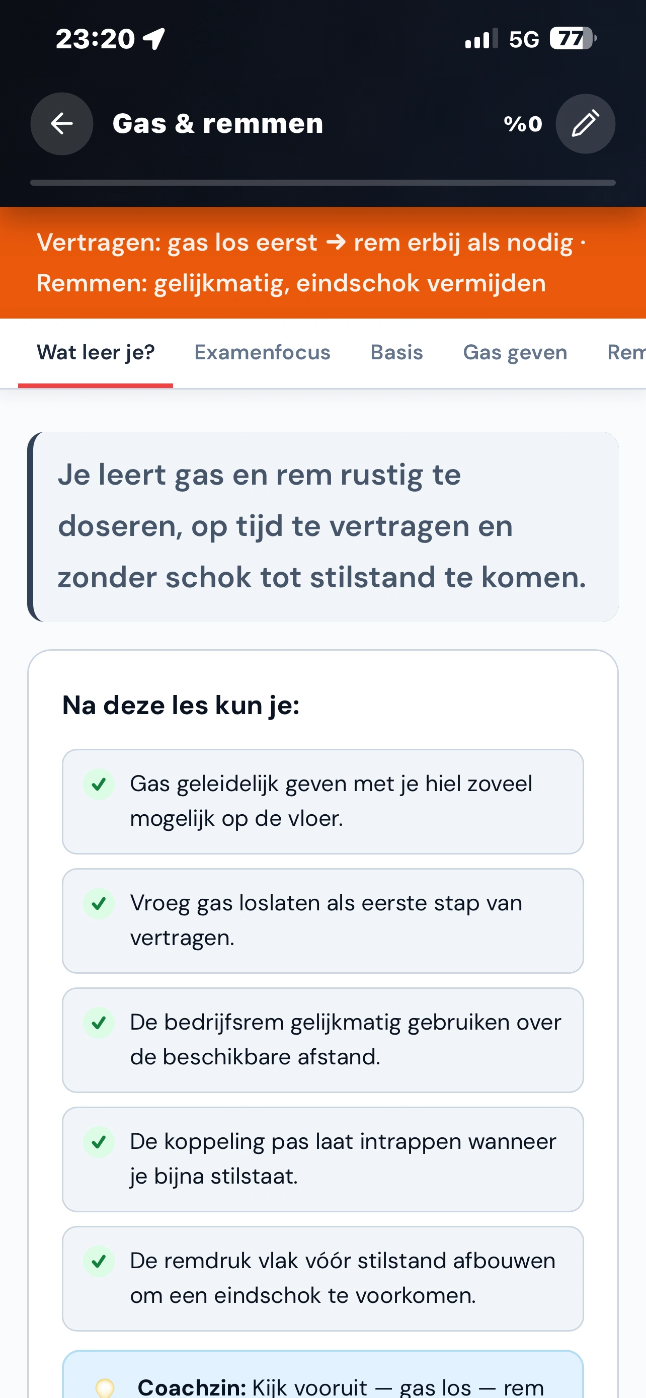 Screenshot van de les examenfocus in de Rijschool Feka leerapp