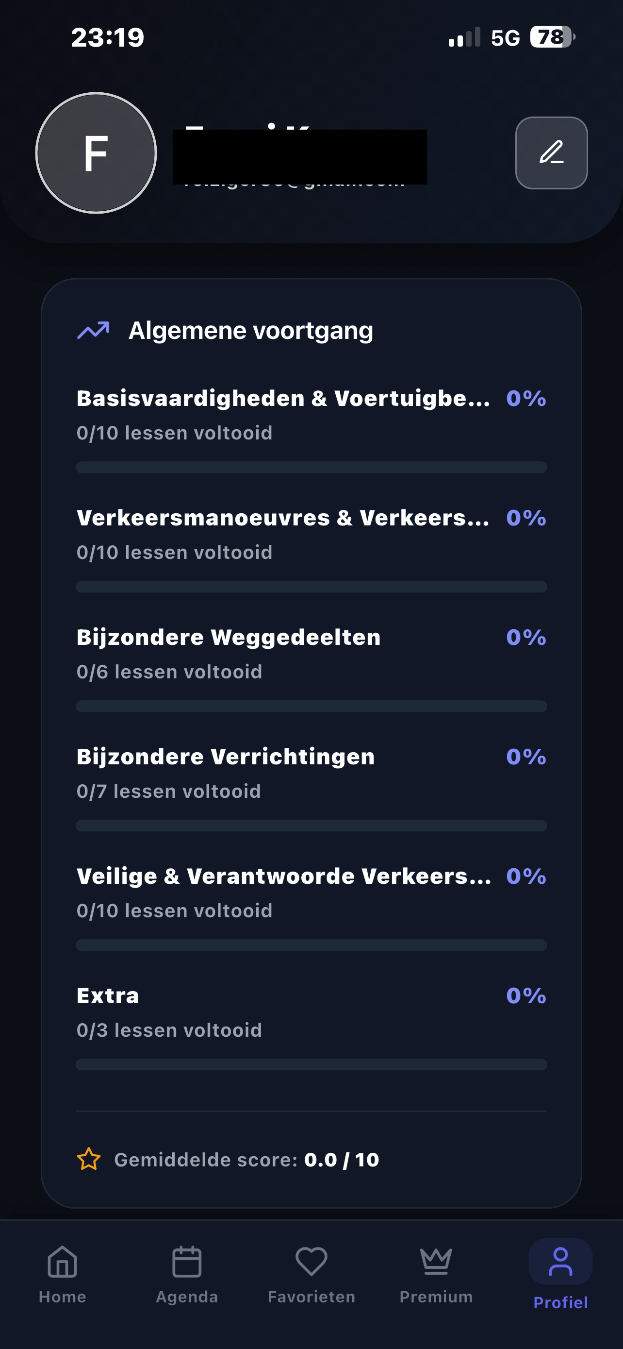 Screenshot van het voortgangsoverzicht in de Rijschool Feka leerapp