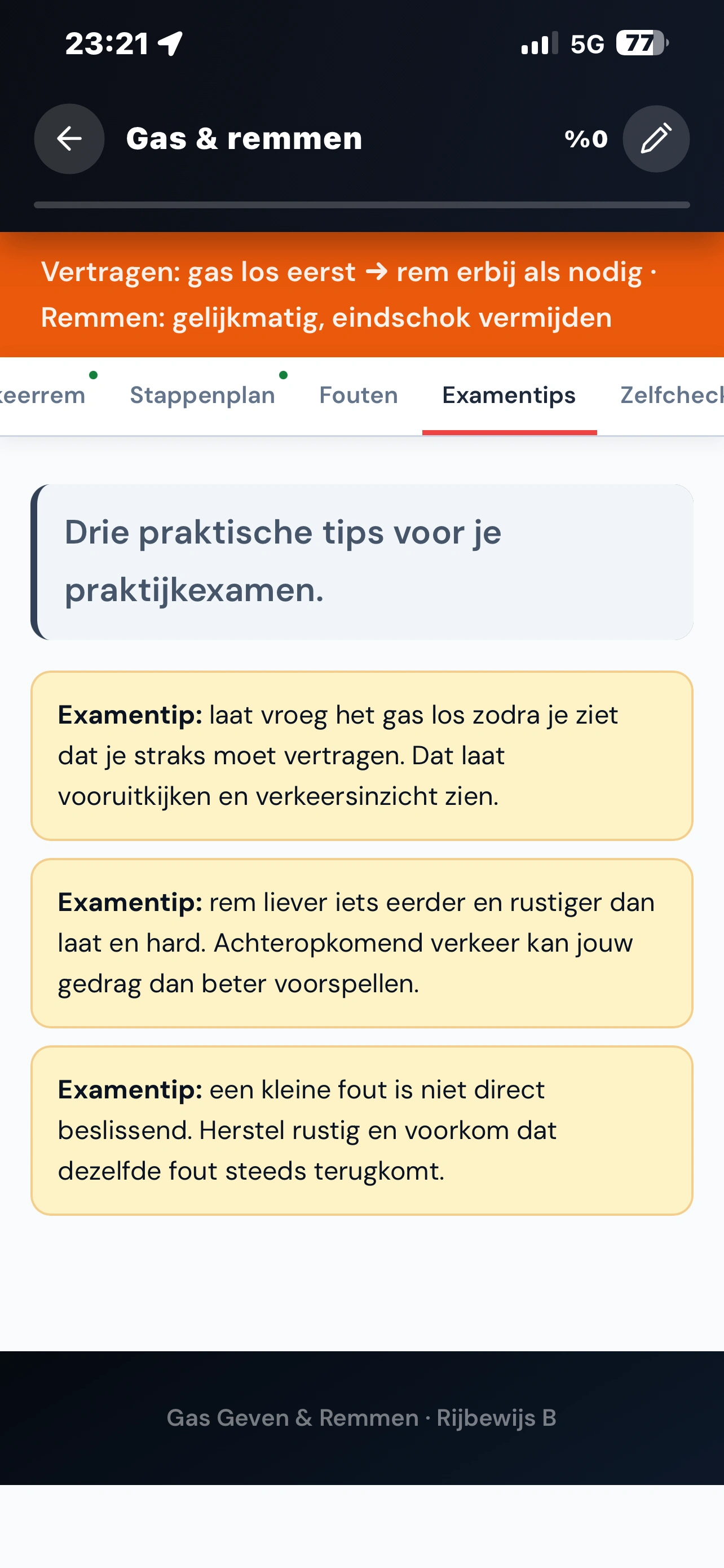 Screenshot van de zelfreflectie na een rijles in de Rijschool Feka leerapp