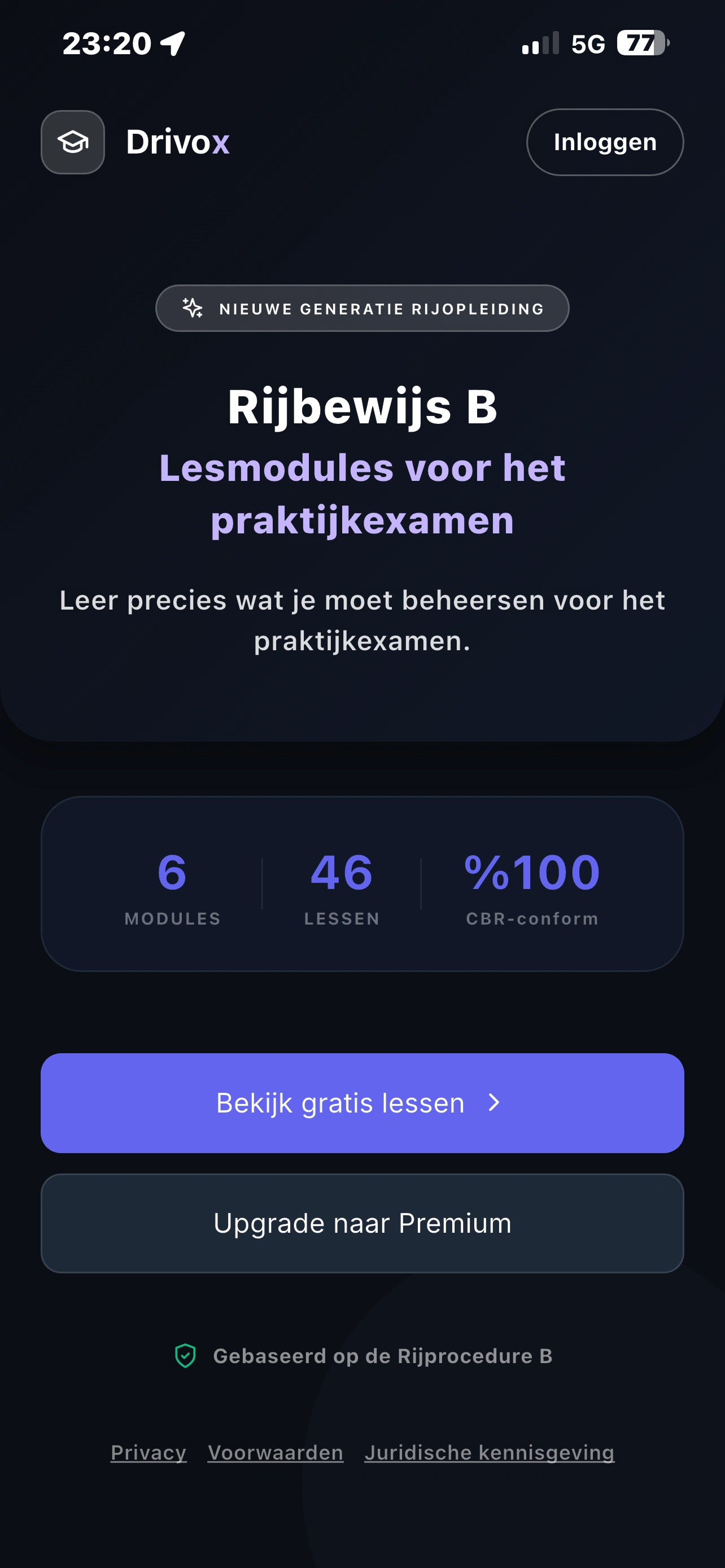 Screenshot van het dashboard in de Rijschool Feka leerapp