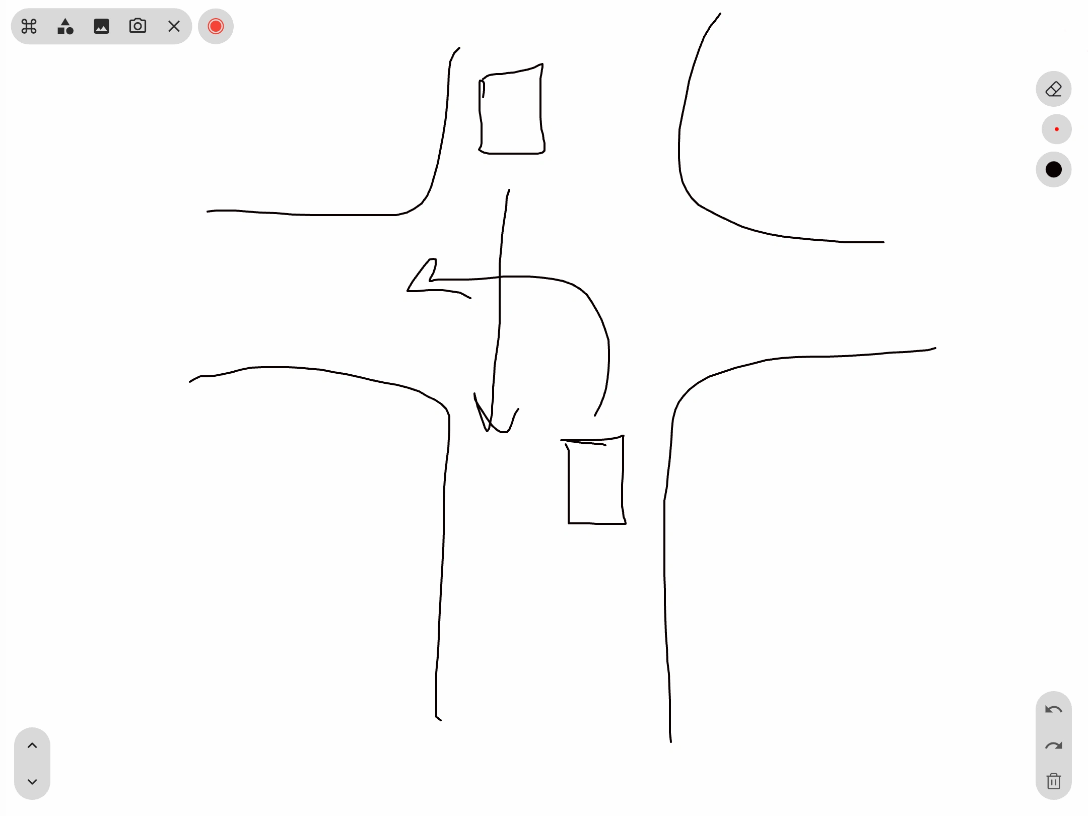 Whiteboard-scherm met uitgetekende voorrangsregels op een rotonde