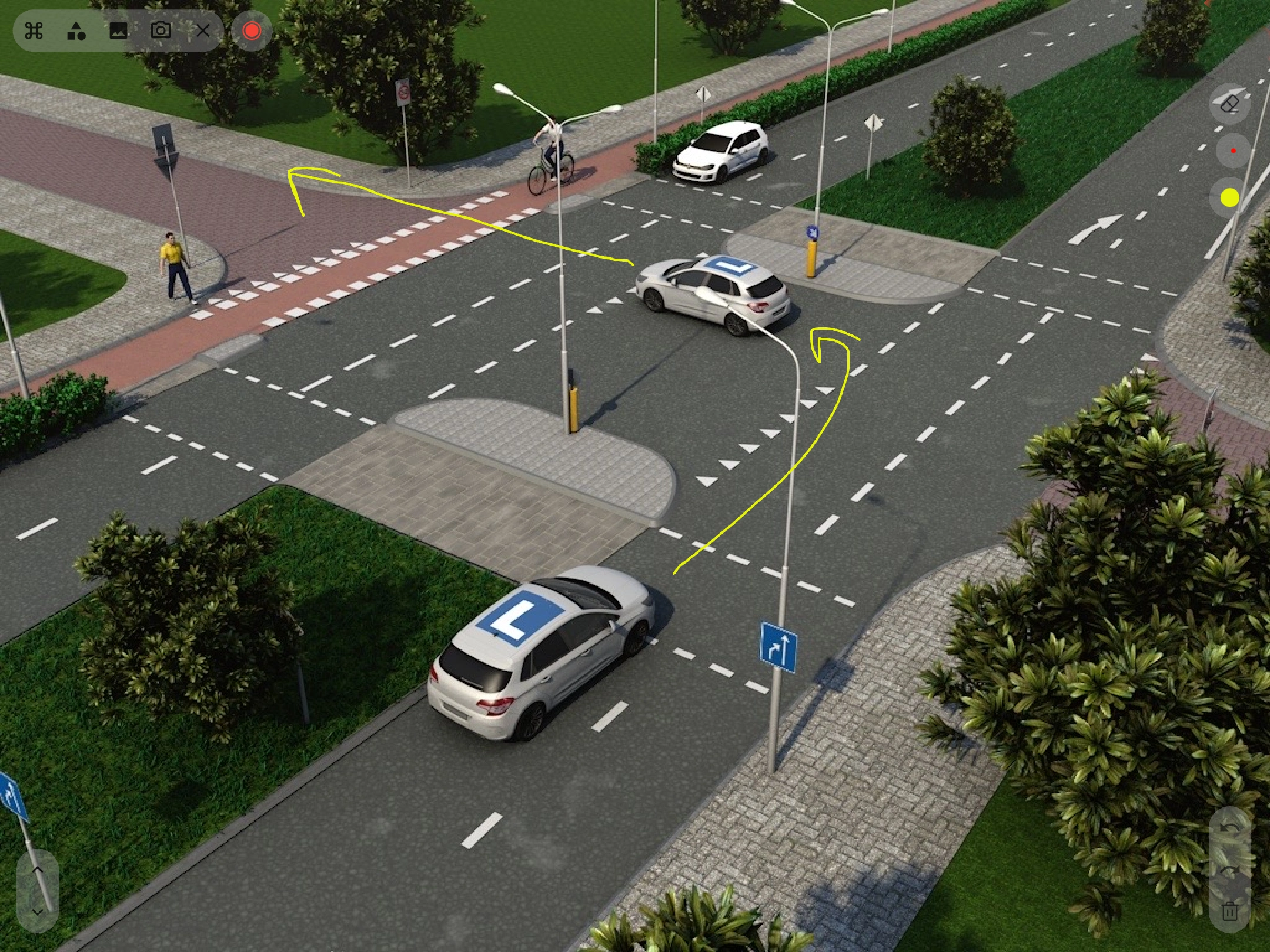 Instructeur tekent kijklijnen en dode hoek op een 3D-foto van een kruispunt